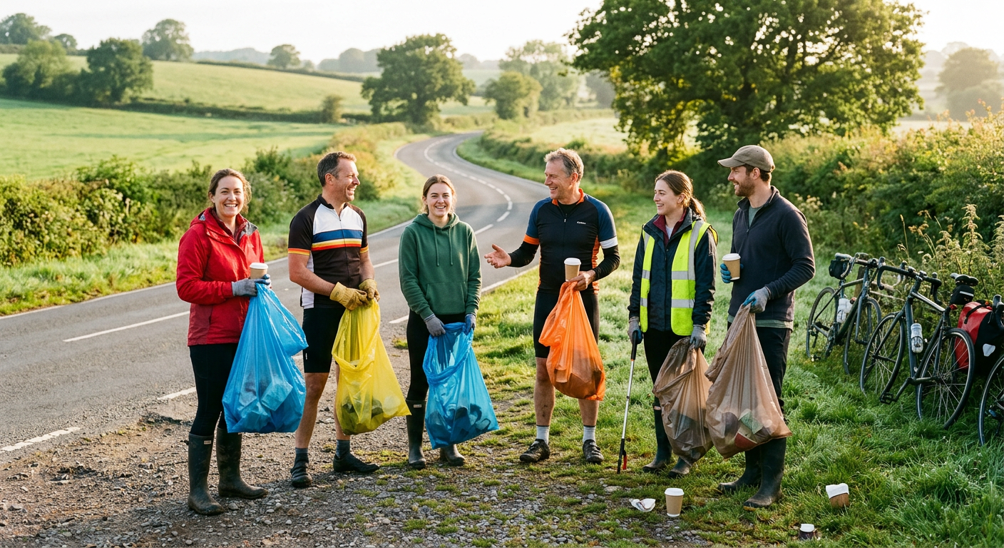 Cyclists and volunteers holding trash bags on a country road