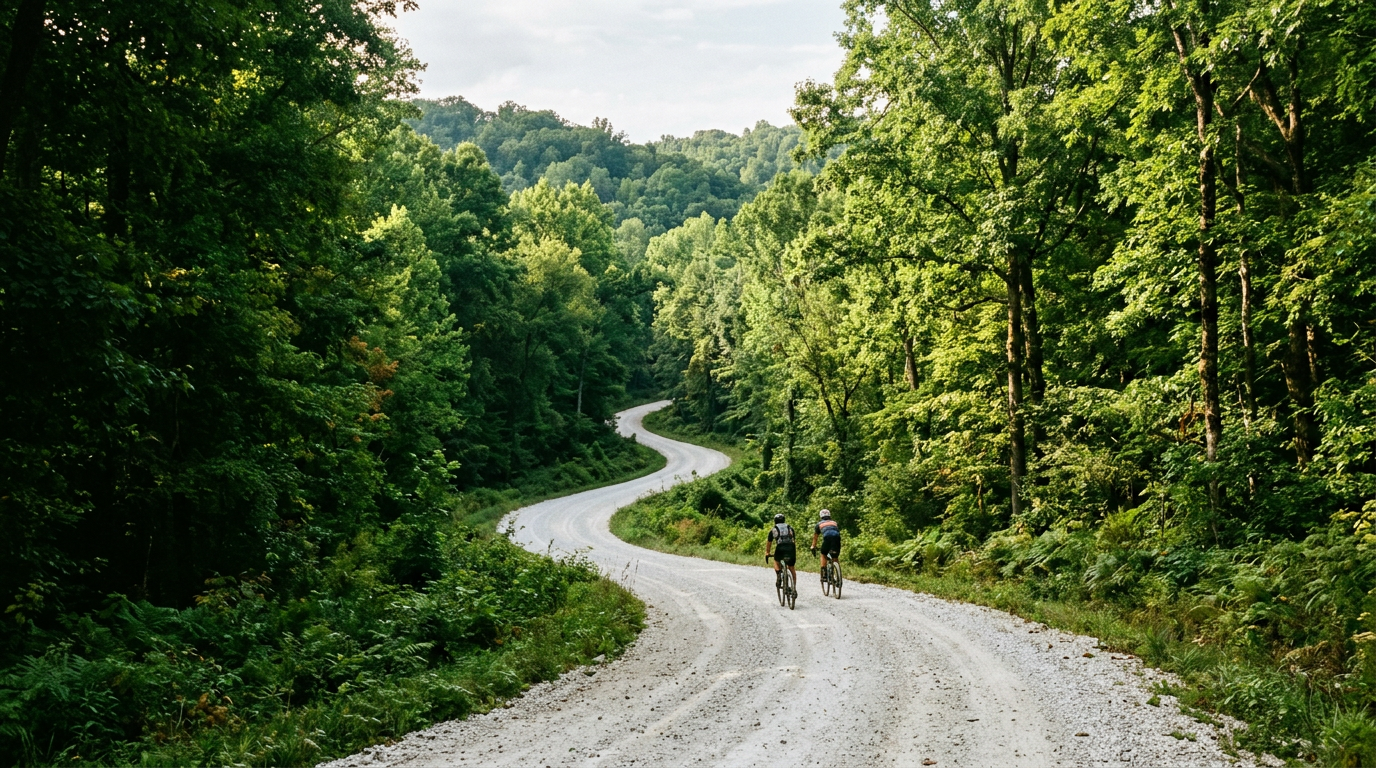 Two cyclists riding a gravel road through a sunlit Ozark forest